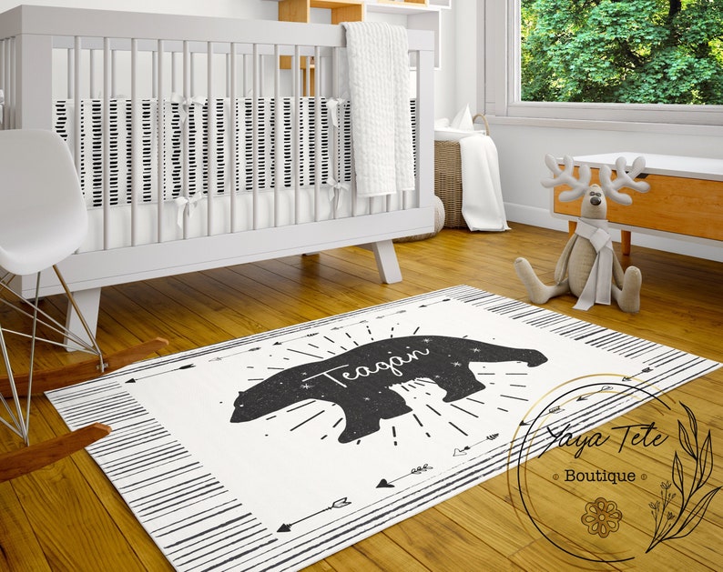 Personalized Indoor Rug, Black Bear Room Decor, Playroom Monogrammed Rug Customized Nursery Carpet, Baby Bedroom Decor Mat, Custom Area Rugs 