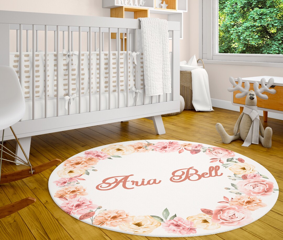 Personalized Round Rug, Pink Floral Room Decor, Monogrammed Playroom Mat, Customized Nursery