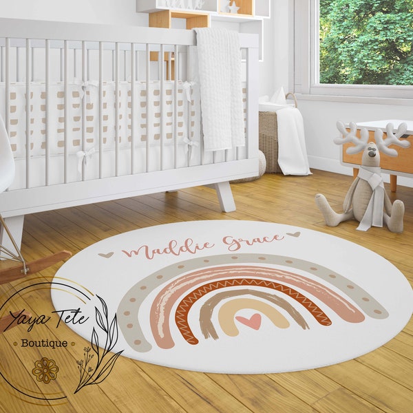 Personalized Round Rainbow Rug, Retro Rainbows Playroom Carpet, Customized Nursery Rug, Baby Nursery Bedroom Decor, Custom Playroom Mat,