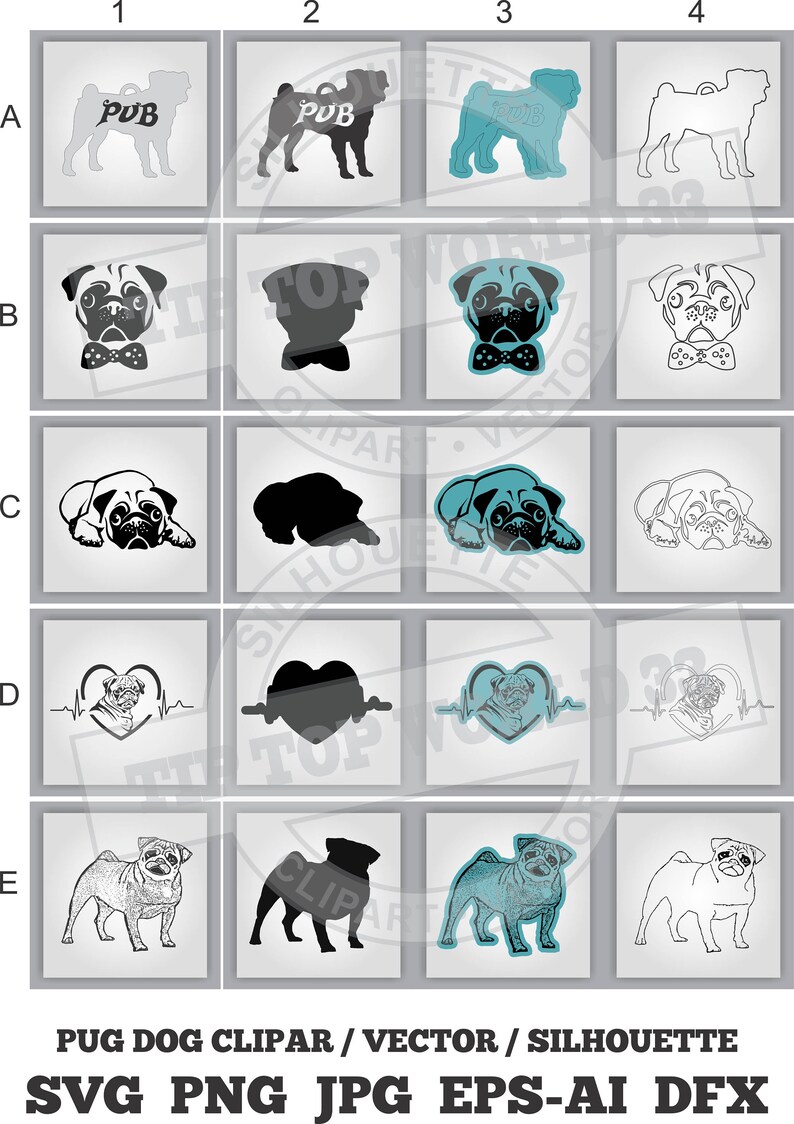 Download Dog PUG silhouette clipart vector svg png dfx jpg eps-ai DOGS | Etsy