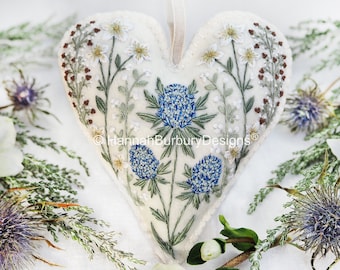 Isla Hanging Heart Embroidery Kit by Hannah Burbury Designs® - Winter Botanical Design - Sea Holly - Christmas Rose - DIY Embroidery Kit