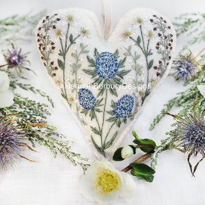 Isla Hanging Heart Embroidery Kit by Hannah Burbury Designs® - Winter Botanical Design - Sea Holly - Christmas Rose - DIY Embroidery Kit