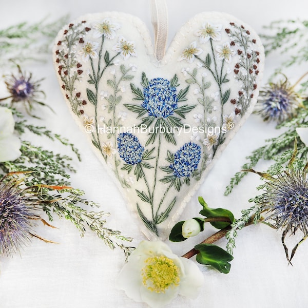 Isla Hanging Heart Embroidery Kit by Hannah Burbury Designs® - Winter Botanical Design - Sea Holly - Christmas Rose - DIY Embroidery Kit