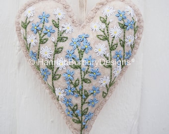 Camille Hanging Heart Hand Embroidery Kit by Hannah Burbury Designs® - Forget-me-not Design - DIY Embroidery Kit - Needlework Kit