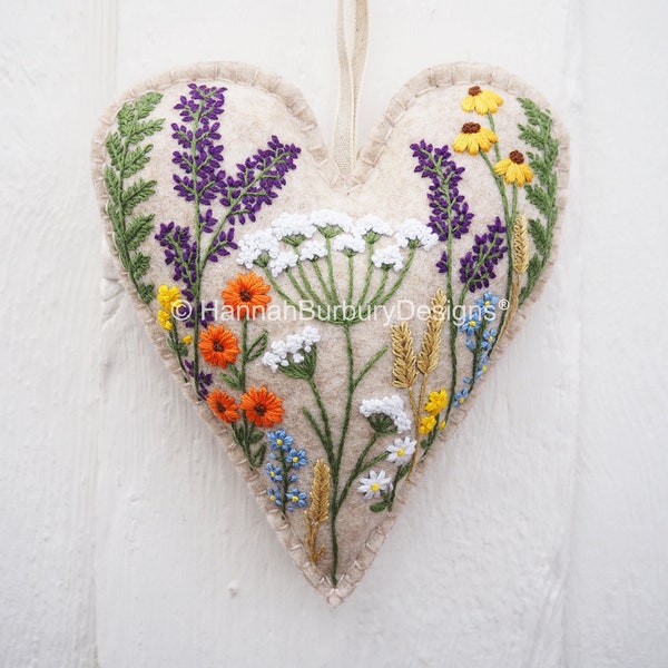 Florence Hanging Heart Embroidery Kit by Hannah Burbury Designs®- Wildflower Design - DIY Embroidery Kit - Needlework Kit - Hand Embroidery