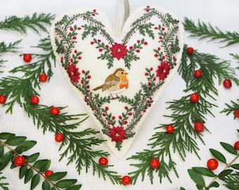 George Hanging Heart Embroidery Kit by Hannah Burbury Designs® - Robin Embroidery - Red Berry Foliage - DIY Embroidery Kit