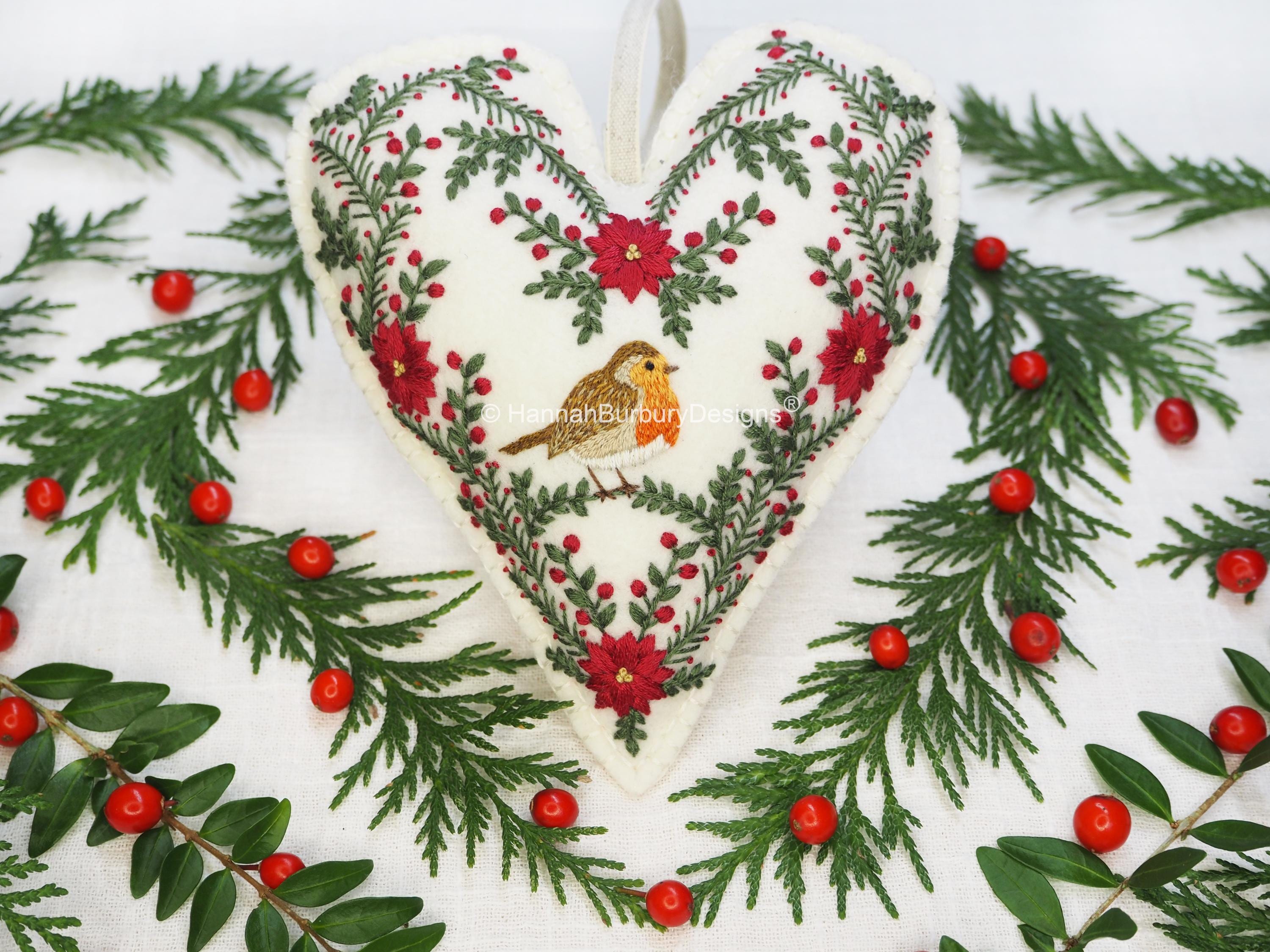 George Hanging Heart Embroidery Kit by Hannah Burbury Designs® - Robin Embroidery - Red Berry Foliage - DIY Embroidery Kit