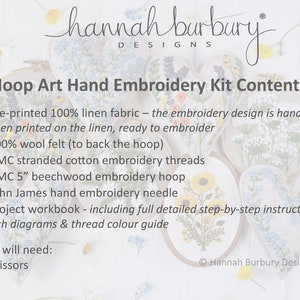 May include: A hand embroidery kit with a pre-printed 100% linen fabric, 100% wool felt, DMC stranded cotton embroidery threads, a 5-inch beechwood embroidery hoop, a John James hand embroidery needle, and a project workbook with step-by-step instructions, stitch diagrams, and a thread color guide. The kit also includes scissors.