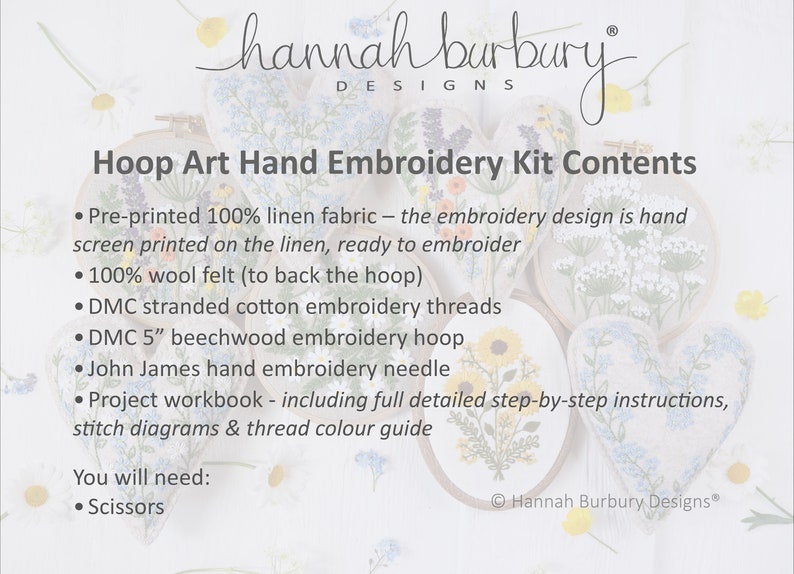May include: A hand embroidery kit with a pre-printed 100% linen fabric, 100% wool felt, DMC stranded cotton embroidery threads, a 5-inch beechwood embroidery hoop, a John James hand embroidery needle, and a project workbook with step-by-step instructions, stitch diagrams, and a thread color guide. The kit also includes scissors.