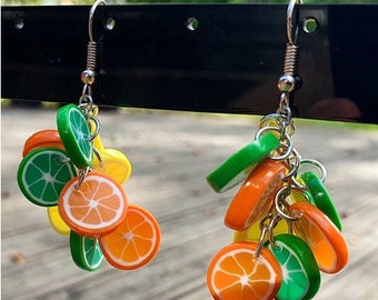 Pendientes de rodajas de fruta de arcilla polimérica, pendientes de cítricos