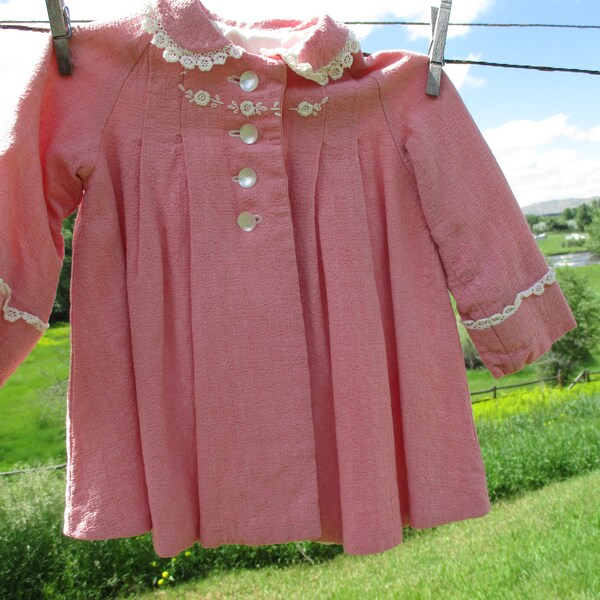 1960's girls pink toddler's coat, embroidered and lined