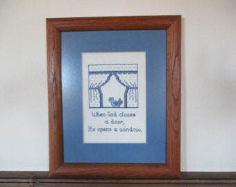 Vintage Hand Embroidered Framed Picture - When God Closes a Door He Opens a Window - Blue & White