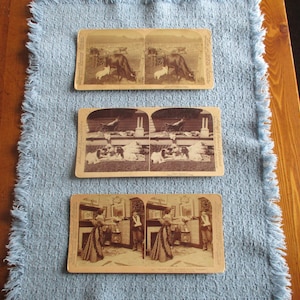 Three antique stereoscope cards, farm scene, puppies, returning wounded soldier, great views of life in late 1890's!