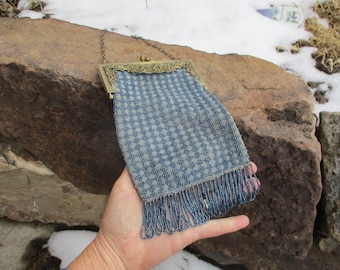 Antique beaded blue purse with snap closure and chain