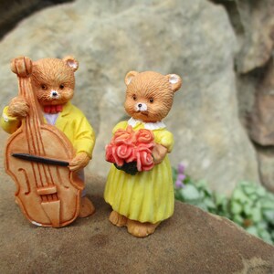 Tiny Bear figurines, Wedding cake toppers, bass violin, rose bouquet,