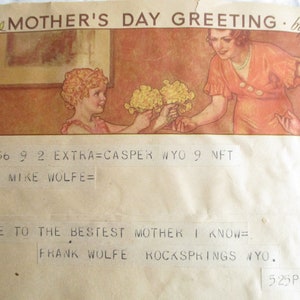 1937 Antique Western Union Mother's Day Greeting Telegram from Rock Springs, WY