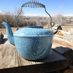 Blue Graniteware Teakettle, Rustic Fireplace Humidifier, Flower Vase