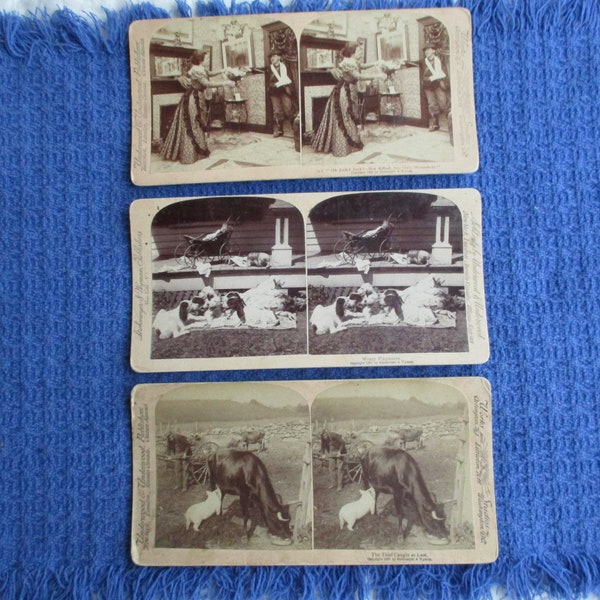 Three antique stereoscope cards, child and puppies, pig cow and farmer, returning soldier, 1897