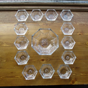 Berry Bowl set, Early American Pressed glass, 14 bowls total, hexagon shape, garland pattern
