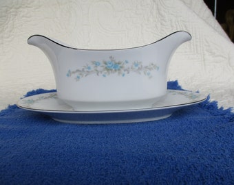 Royal Court Blue Fantasy Fine China Gravy Boat with attached plate, vintage, made in Japan