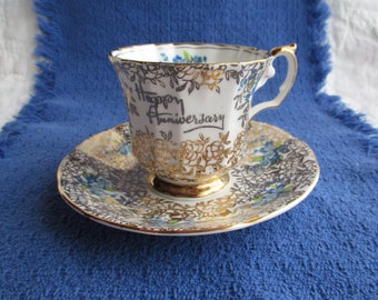 Elizabethan Anniversary Fine Bone China Cup and Saucer: Gold Trim, Forget-Me-Nots