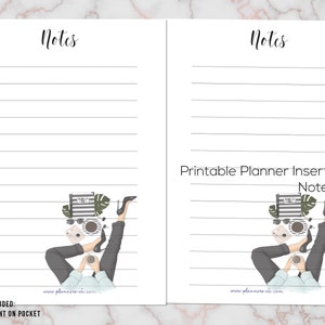 May include: White printable planner inserts with lined pages and the word "Notes" at the top. The design includes a whimsical illustration of a person with legs up, holding a coffee cup. Text: Printable Planner Inserts Notes.