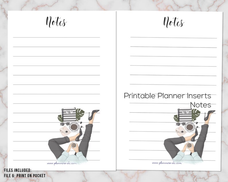 May include: White printable planner inserts with lined pages and the word "Notes" at the top. The design includes a whimsical illustration of a person with legs up, holding a coffee cup. Text: Printable Planner Inserts Notes.