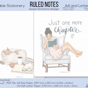 K&ouml;nnte beinhalten: Druckbare Schreibwaren mit linierten Seiten. Das Design zeigt eine Frau, die in einem Stuhl ein Buch liest, mit dem Text "Just one more chapter...". Die Schreibwaren sind im A4-Format (297 mm x 210 mm) und im US Half Letter-Format (279 mm x 216 mm) erh&auml;ltlich.