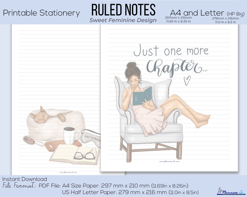 K&ouml;nnte beinhalten: Druckbare Schreibwaren mit linierten Seiten. Das Design zeigt eine Frau, die in einem Stuhl ein Buch liest, mit dem Text "Just one more chapter...". Die Schreibwaren sind im A4-Format (297 mm x 210 mm) und im US Half Letter-Format (279 mm x 216 mm) erh&auml;ltlich.