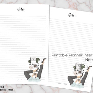 May include: Two white planner insert pages with lined paper and the word "Notes" at the top. The bottom of the pages feature a whimsical illustration of a person with high heels, holding a coffee cup. The text "Printable Planner Inserts Notes" is also visible.