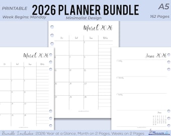 2026 A5 Printable Planer Bündel | Minimalistische datierte Einsätze (Digitaler Download)