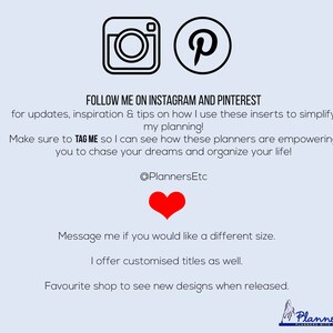 K&ouml;nnte beinhalten: Bild mit Instagram- und Pinterest-Logos, Text: "FOLLOW ME ON INSTAGRAM AND PINTEREST" und "@PlannersEtc". Enth&auml;lt ein rotes Herz-Grafik und Text &uuml;ber Planereinlagen und kundenspezifische Titel.