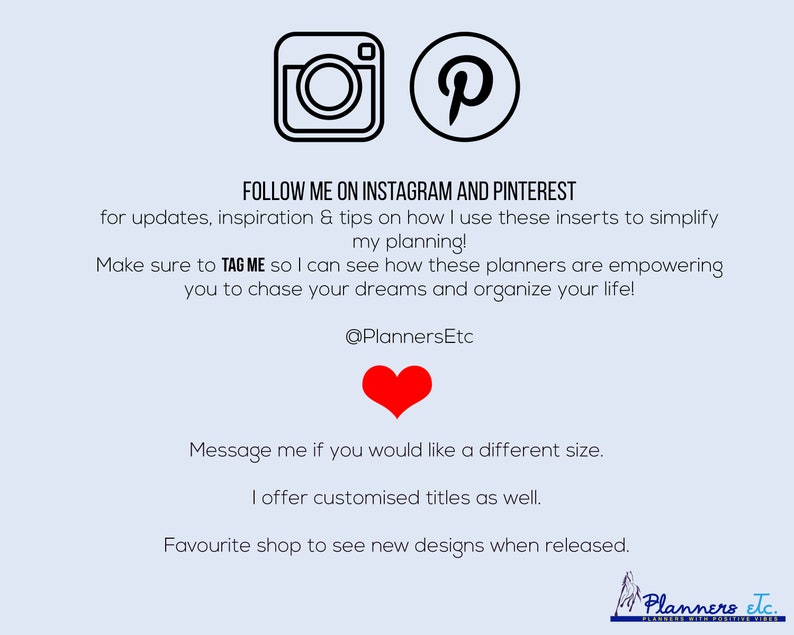 K&ouml;nnte beinhalten: Bild mit Instagram- und Pinterest-Logos, Text: "FOLLOW ME ON INSTAGRAM AND PINTEREST" und "@PlannersEtc". Enth&auml;lt ein rotes Herz-Grafik und Text &uuml;ber Planereinlagen und kundenspezifische Titel.