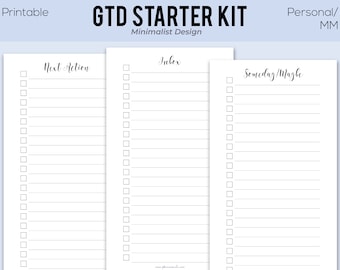 May include: Printable GTD Starter Kit with a minimalist design. The image shows three white pages with checklists labeled "Next Action", "Inbox", and "Someday/Maybe". The text is in black, with a light blue header.