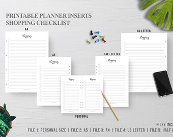 Shopping List, Grocery List Printable, Planner Inserts, Printable Planner, Grocery, Personal Insert, A5 Planner, A4, US Letter, Half Letter