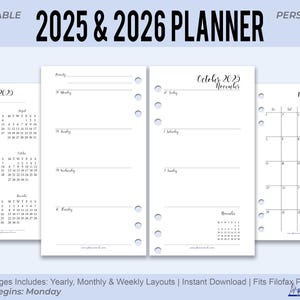 2025–2026 Kalender zum Ausdrucken | Minimalistische persönliche Größe Einsätze | Jährlich, Monatlich und Wöchentlich für Filofax Personal