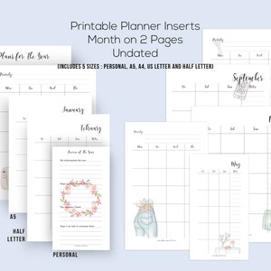 Month on 2 Pages, Undated Planner 2020, A5 Filofax Printable, 2020 Undated Clipart Inserts, Half Letter Planner, 2020 Printable, Mo2p