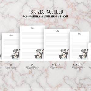 May include: A collection of lined notepads in various sizes, including A4, A5, US Letter, Half Letter, Personal, and Pocket. Each notepad features a whimsical illustration and the word "Notes" at the top. The image includes measurements in inches.