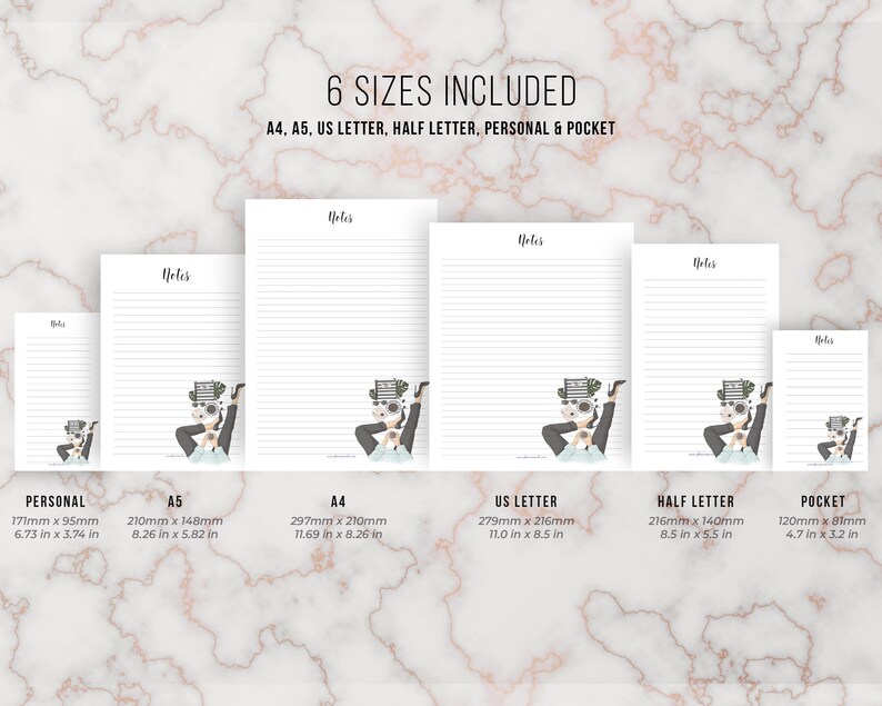 May include: A collection of lined notepads in various sizes, including A4, A5, US Letter, Half Letter, Personal, and Pocket. Each notepad features a whimsical illustration and the word "Notes" at the top. The image includes measurements in inches.