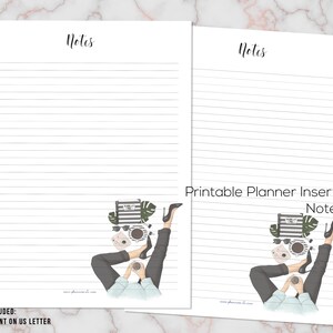 May include: Two lined paper pages with the word "Notes" at the top. The bottom of the pages feature a graphic of a person reclining with sunglasses, a coffee cup, and high heels. Text reads "Printable Planner Inserts Notes".