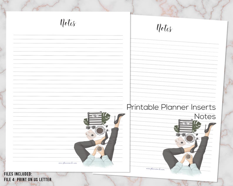 May include: Two lined paper pages with the word "Notes" at the top. The bottom of the pages feature a graphic of a person reclining with sunglasses, a coffee cup, and high heels. Text reads "Printable Planner Inserts Notes".