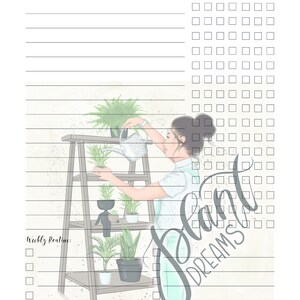以下が含まれることがあります： 植物に水をやる人のイラストが描かれたプランナーページ。「Plant Dreams」の文字が筆記体で書かれています。ページには、毎日のルーティンと毎週のルーティンのセクションがあり、チェックボックスが付いています。