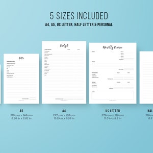 Puede incluir: Un conjunto de cinco p&aacute;ginas de planificador imprimibles en varios tama&ntilde;os: A4, A5, US Letter, Half Letter y Personal. Las p&aacute;ginas son blancas con texto negro, dise&ntilde;adas para facturas, presupuestos, revisiones mensuales y notas generales. Medidas en cm y pulgadas.