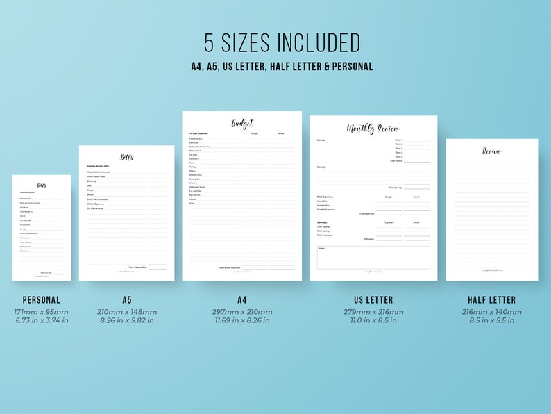 Puede incluir: Un conjunto de cinco p&aacute;ginas de planificador imprimibles en varios tama&ntilde;os: A4, A5, US Letter, Half Letter y Personal. Las p&aacute;ginas son blancas con texto negro, dise&ntilde;adas para facturas, presupuestos, revisiones mensuales y notas generales. Medidas en cm y pulgadas.