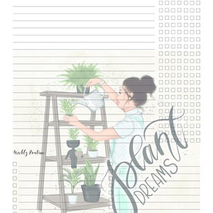 以下が含まれることがあります： 木製の棚で植物に水をやっている人の水彩イラストが描かれたプランナーページ。「Plant Dreams」というテキストが筆記体で書かれています。ページには、毎日のルーチンと毎週のルーチンのセクションがあり、チェックボックスが付いています。