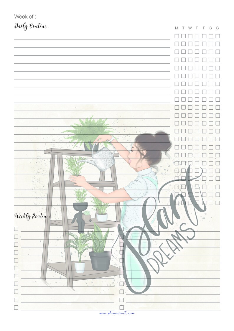 以下が含まれることがあります： 木製の棚で植物に水をやっている人の水彩イラストが描かれたプランナーページ。「Plant Dreams」というテキストが筆記体で書かれています。ページには、毎日のルーチンと毎週のルーチンのセクションがあり、チェックボックスが付いています。