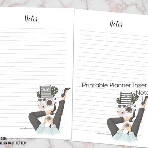 May include: Two printable planner inserts with lined pages and the word "Notes" at the top. The bottom features an illustration of a person relaxing with coffee, sunglasses, and a notebook. The text "Printable Planner Inserts Notes" is also visible.