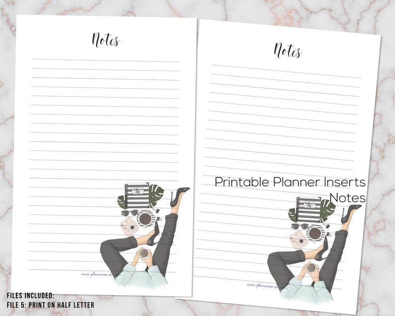 May include: Two printable planner inserts with lined pages and the word "Notes" at the top. The bottom features an illustration of a person relaxing with coffee, sunglasses, and a notebook. The text "Printable Planner Inserts Notes" is also visible.