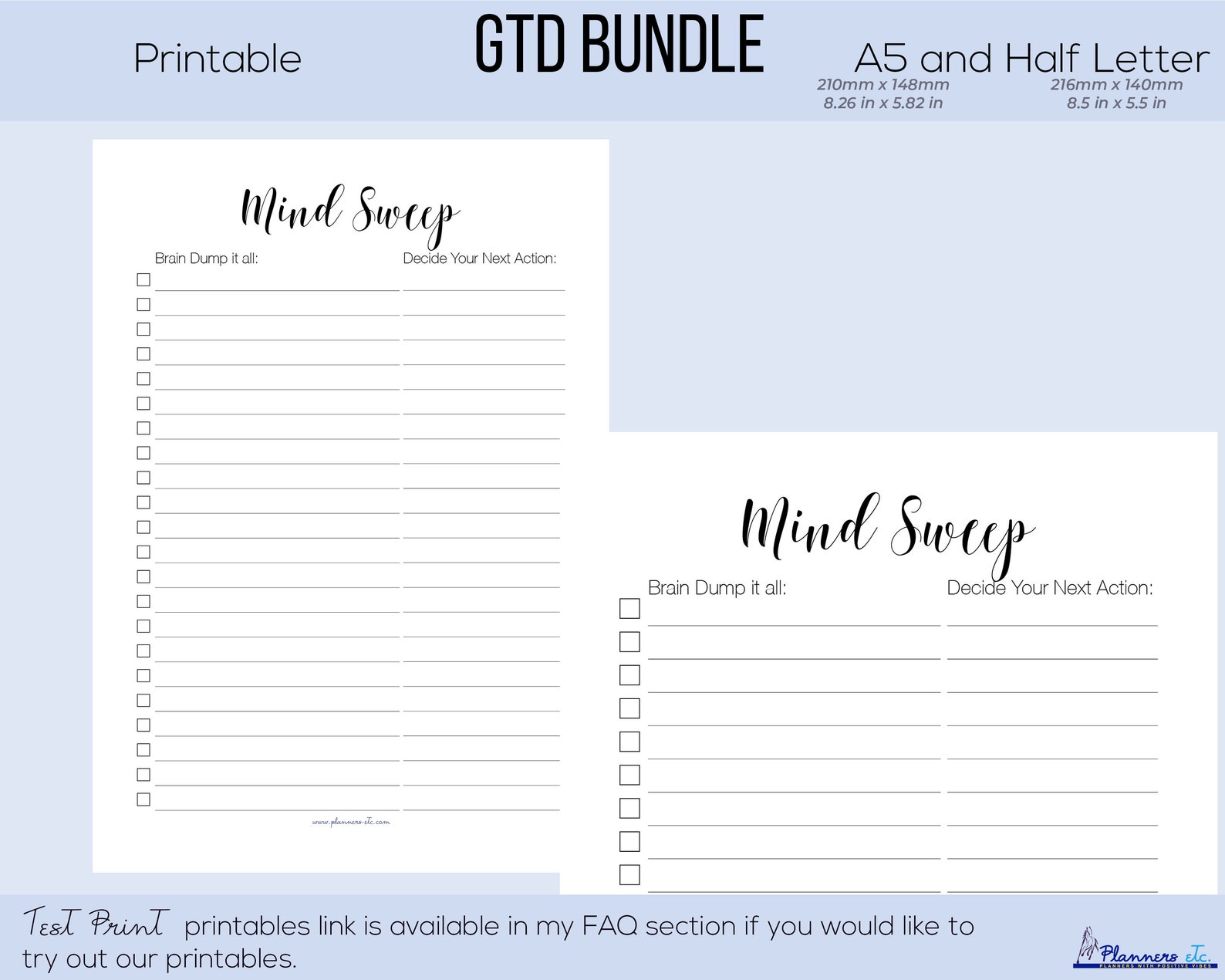 Getting Things Done Printable A5 Planner Kit GTD Half Letter - Etsy