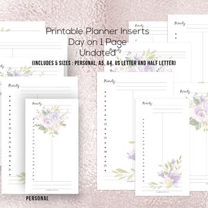 Printable Planner Inserts, Daily Undated Floral, Day on 1 Page, Printable Planner, Daily Inserts, Personal Inserts, Floral Printable, A4